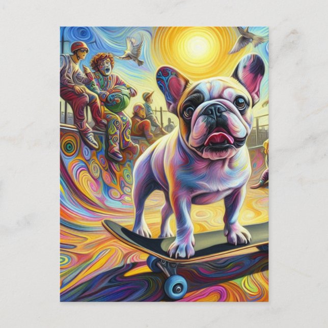 Adsible Surreal Fransk Bulldog Skateboarding Vykort (Framsida)