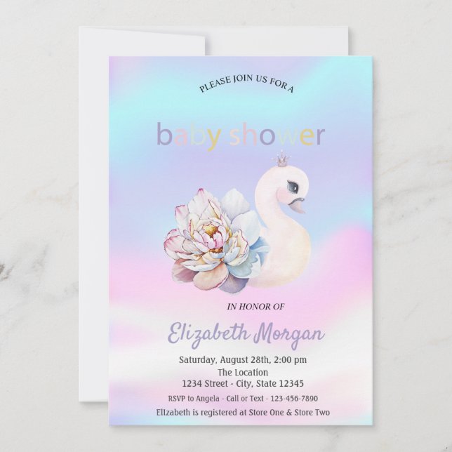 Adsible Svan Flower HoloGraph Baby Shower Inbjudningar (Framsida)