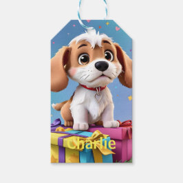 Adsible Tan & White Puppy with Colorful Gifts Presentetikett