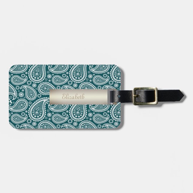 Adsible Teal Blue and White Paisley-Personlig Bagagebricka (Horisontell Framsida)