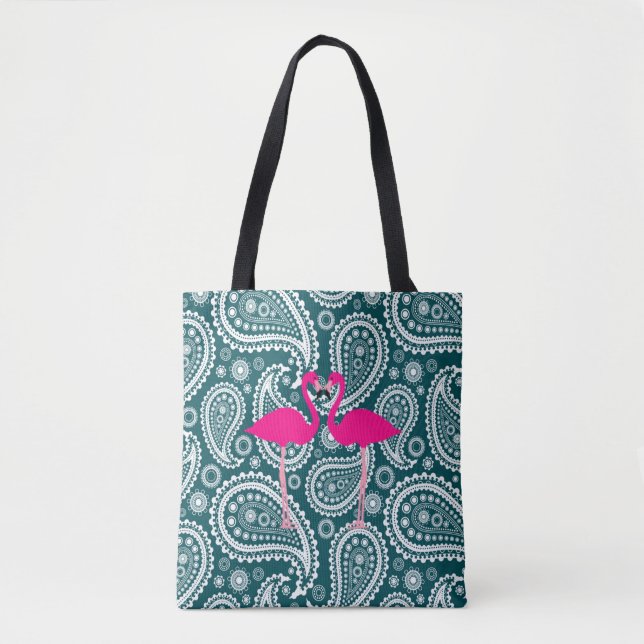 Adsible Teal Blue White Paisley-Rosa Flamingos Tygkasse (Framsida)
