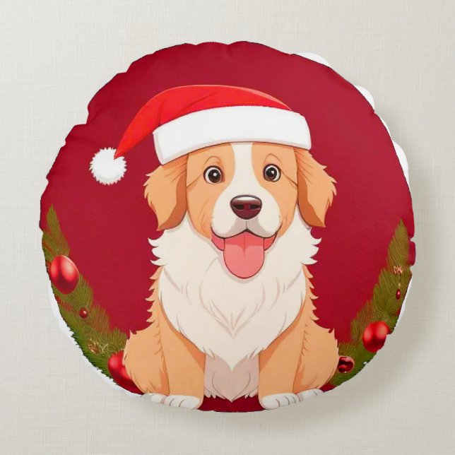 Adsible Tecknad hund Wearing Tomhat Rund Kudde (Framsidan)