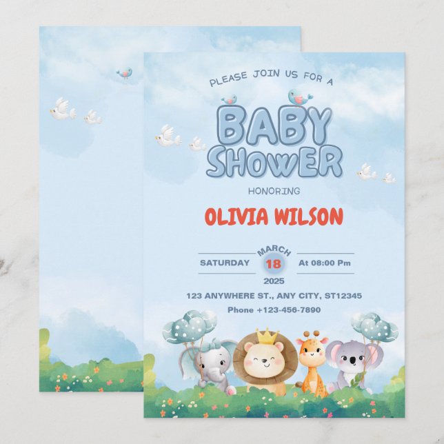 Adsible Tiny Toes & Jungle Safari Baby Shower Inbjudningar (Fram/baksida)