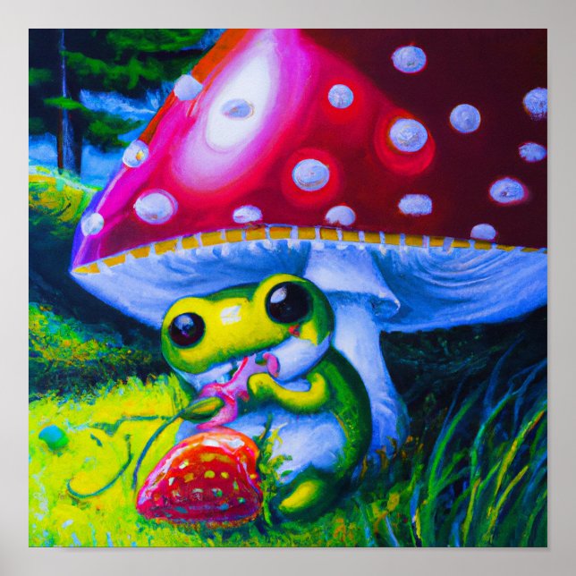 Adsible Träd Frog äter jordgubbsbär Poster (Framsidan)