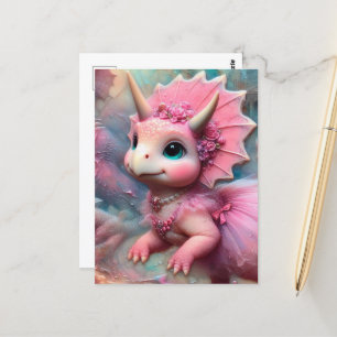 Adsible Triceratops i en Rosa Dress Vykort