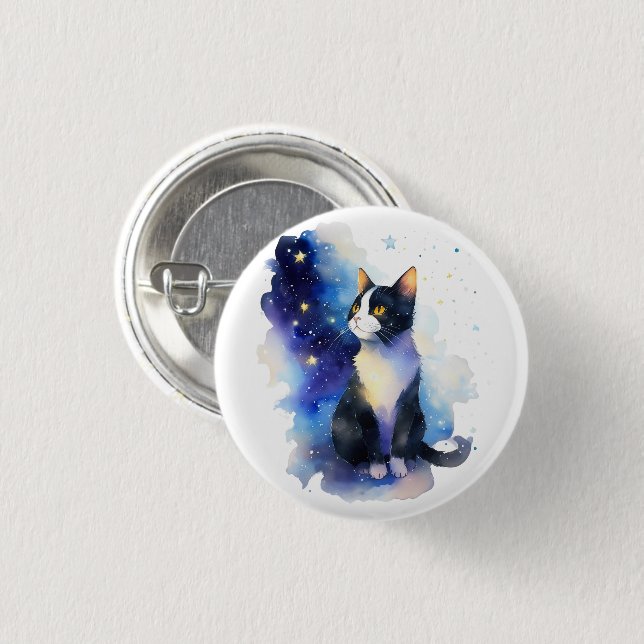 Adsible Tuxedo Cat Watercolor Illustration Knapp (Framsida & baksida)