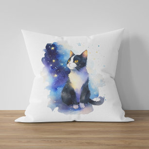 Adsible Tuxedo Cat Watercolor Illustration Kudde