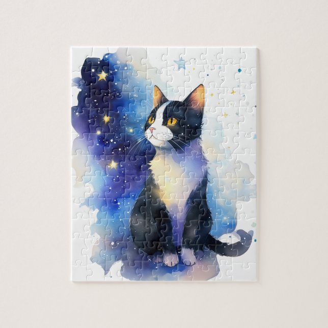 Adsible Tuxedo Cat Watercolor Illustration Pussel (Vertikal)