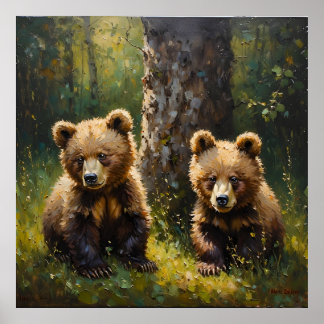 Adsible Twin Bear Unge in a Sunlit Forest Clearin Poster