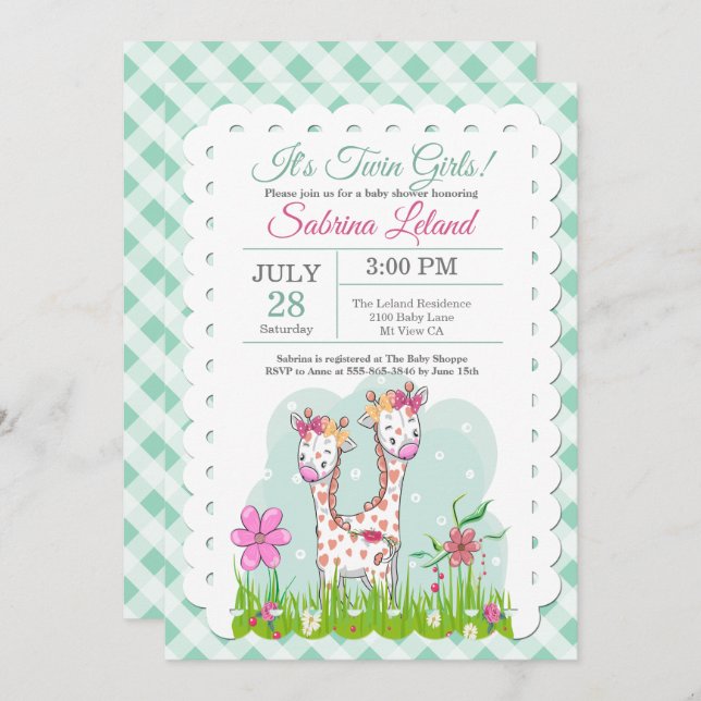 Adsible Twin Girls Giraffes Baby Shower Inbjudningar (Fram/baksida)