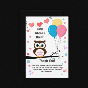 Adsible Uggla med Balloons & Hearts Baby Shower Tack Kort