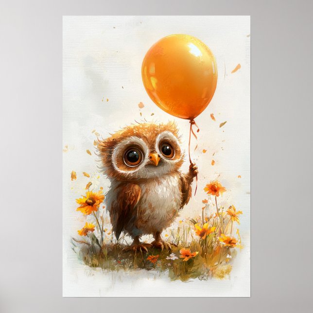 Adsible Uggla med Orange Balloon - Whimsical Autum Poster (Framsidan)