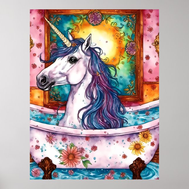 Adsible Unicorn Blue and Lila Mane in Bath Poster (Framsidan)