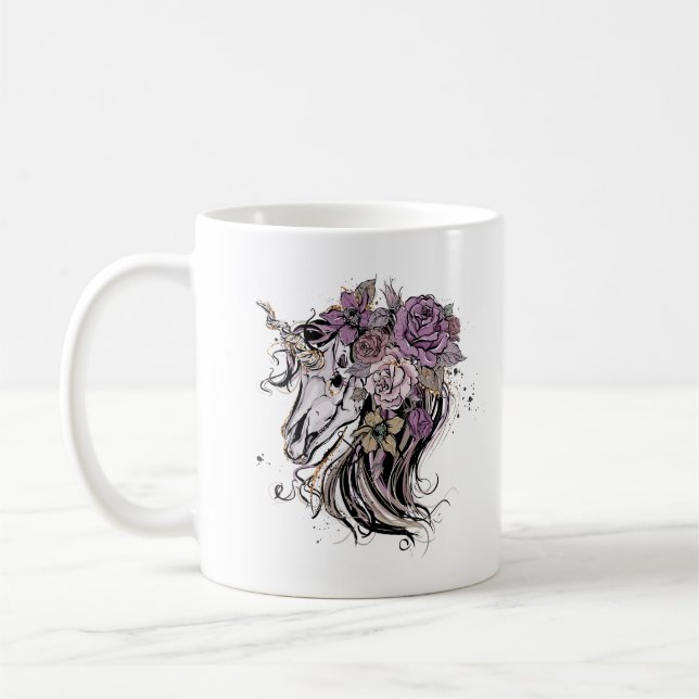 Adsible Unicorn Skull och Flowers Boho Kaffemugg (Vänster)