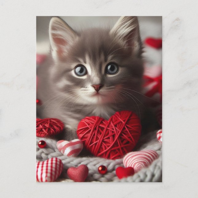 Adsible Valentine Fluffy Grått Kitten with Hearts Vykort (Framsida)
