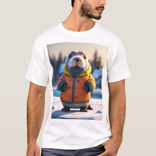 Adsible Walrus i en Gult Winter Jackar T Shirt (Framsida)