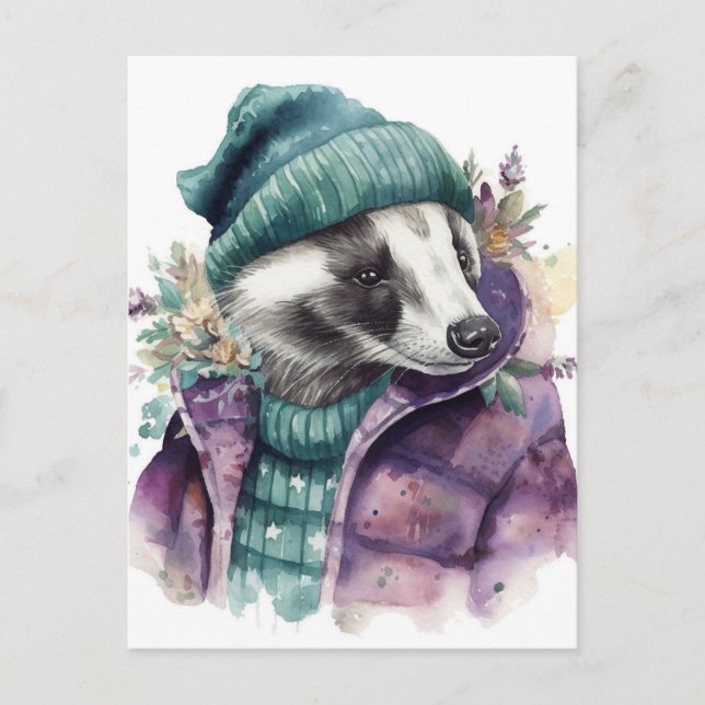 Adsible Watercolor Badger Vykort (Framsida)