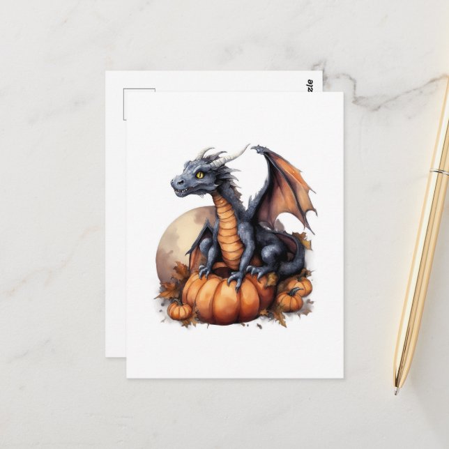 Adsible Watercolor Halloween Dragon Vykort (Fram/Back In Situ)