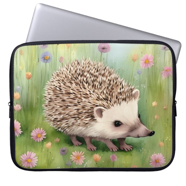 Adsible Watercolor Hedgehog with Flowers Laptop Fodral (Framsidan)