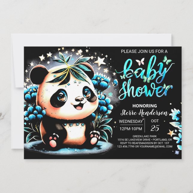 Adsible Watercolor Panda Magic Boy Shower Inbjudningar (Framsida)