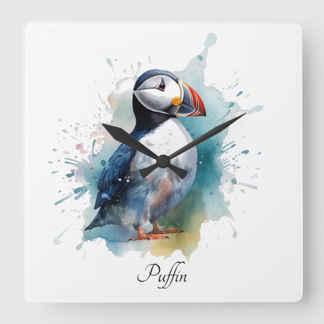 Adsible Watercolor Puffin, anpassningsbar Fyrkantig Klocka (Framsida)