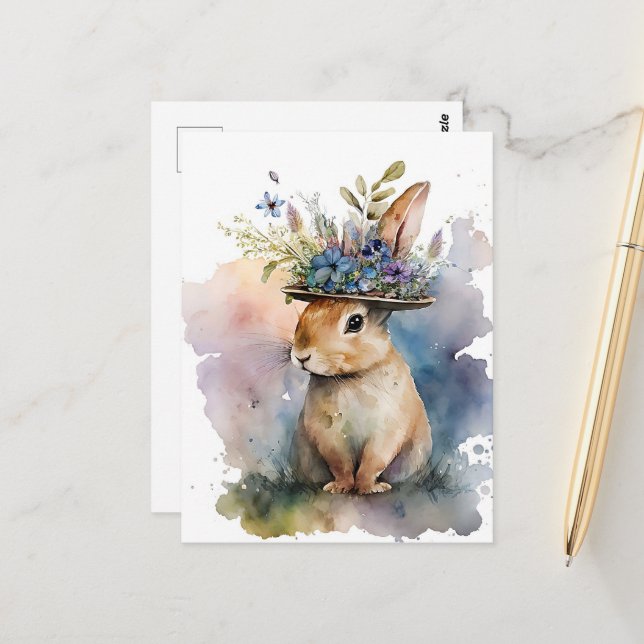 Adsible Watercolor Rabbit Vykort (Fram/Back In Situ)
