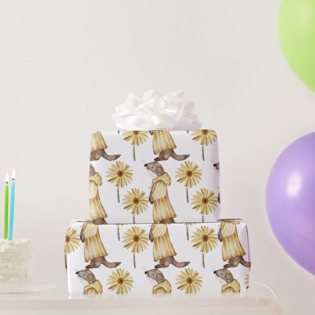 Adsible Weasel nedtryckt i Gult W/Gula blommor Presentpapper (Festgåvor)