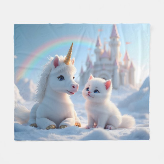 Adsible White Kitten och Baby Unicorn Fleecefilt (Framsidan (Horisontell))