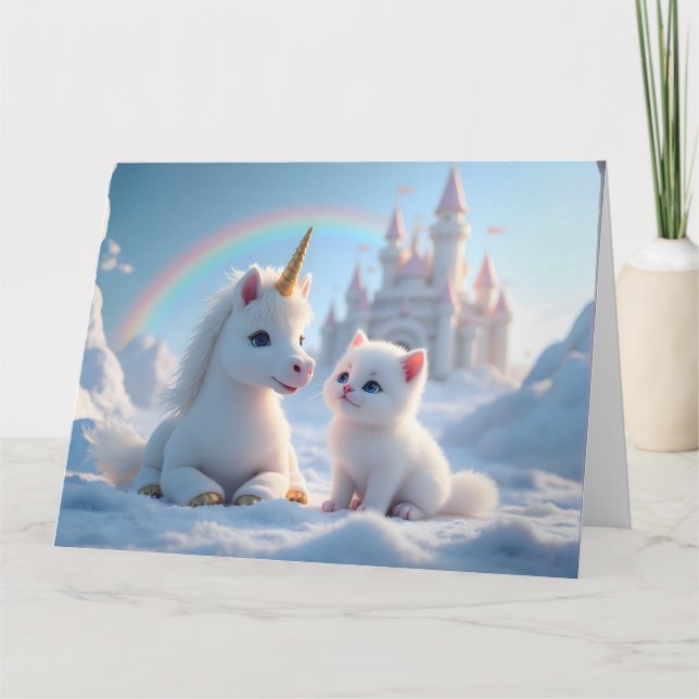 Adsible White Kitten och Baby Unicorn Kort (Framsida)