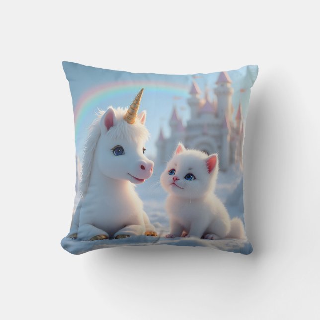 Adsible White Kitten och Baby Unicorn Kudde (Framsida)