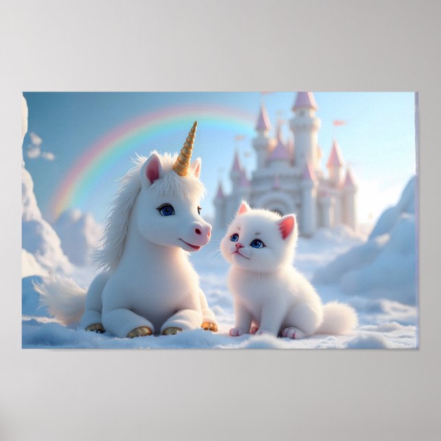 Adsible White Kitten och Baby Unicorn Poster (Framsidan)