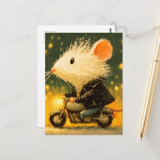 Adsible White Mouse Riding a Motercycle Vykort (Fram/Back In Situ)