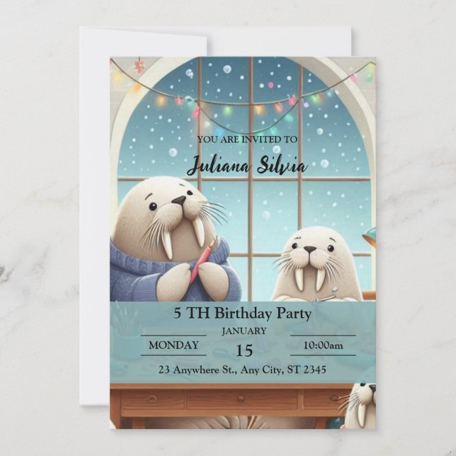 Adsible Winter Walrus Födelsedagsfest inbjudan (Framsida)