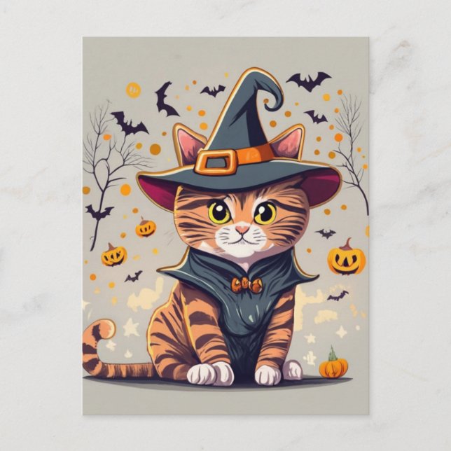 Adsible Witch Cat Halloween Vykort (Framsida)