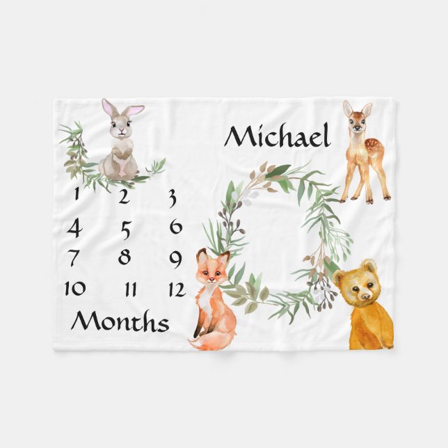 Adsible Woodland Animals Fox Milestone Keepsaké Fleecefilt (Framsidan (Horisontell))