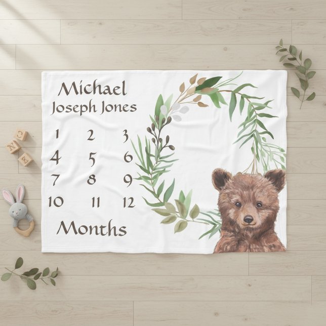 Adsible Woodland Baby Bear Milestone Keepsaké Fleecefilt (Skapare uppladdad)