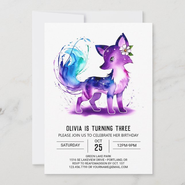 Adsible Woodland Fox Digital Girl Birthday Inbjudningar (Framsida)