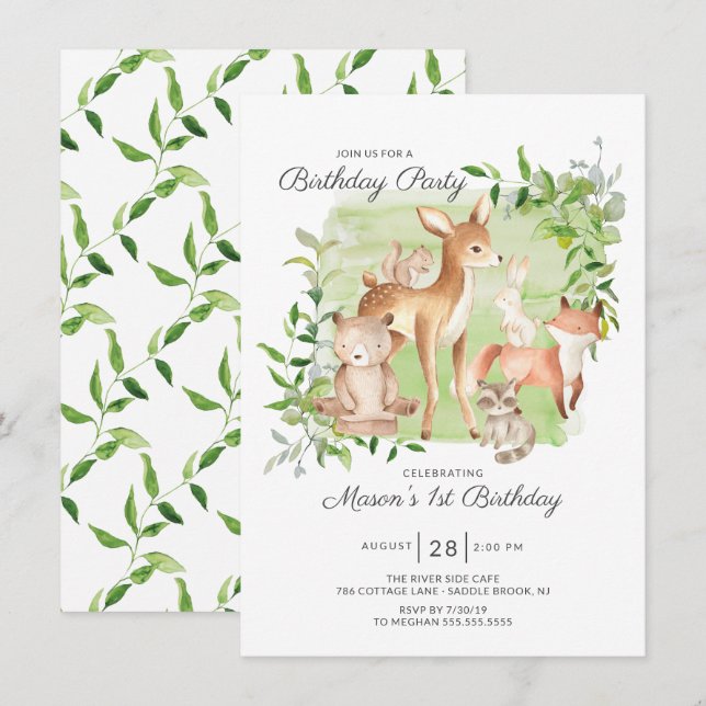 Adsible Woodland Friends Boys 1st Birthday Inbjudningar (Fram/baksida)
