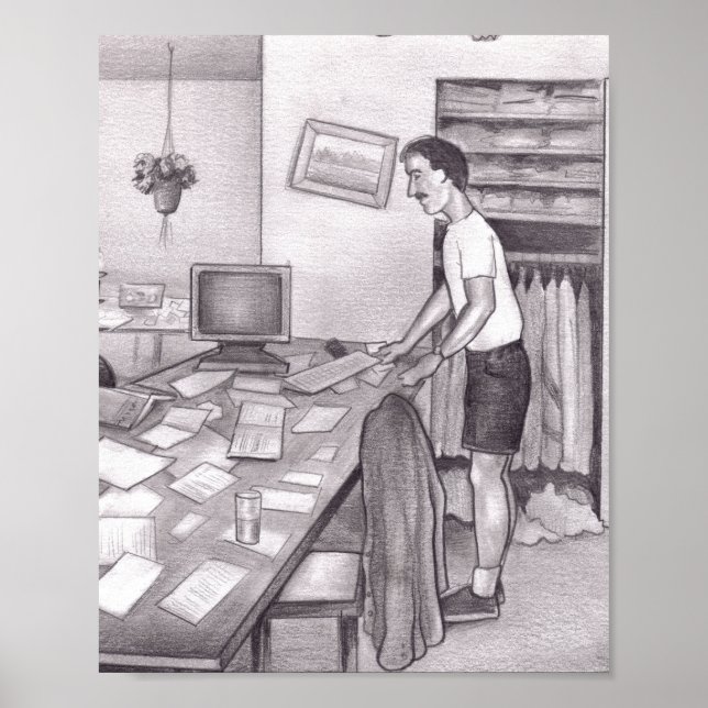 Adult Caucasian Man Standing by a Dining Room Tabl Poster (Framsidan)