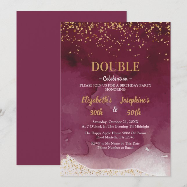 Adult Joint Birthday Party | Purple Gold Glitter Inbjudningar (Fram/baksida)