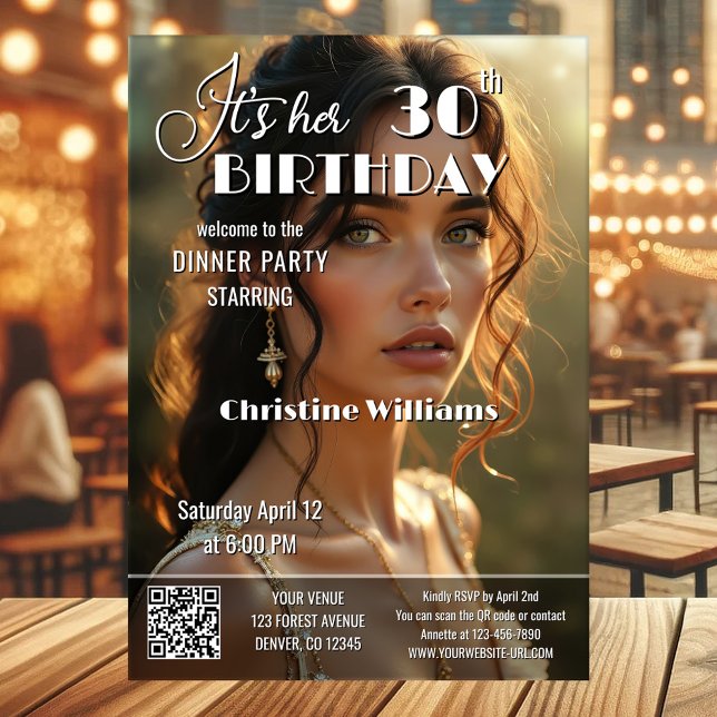 Adult Magazine Cover Stylish Birthday Inbjudningar (Adult birthday party invitation in magazine cover style with custom photo and QR code template)