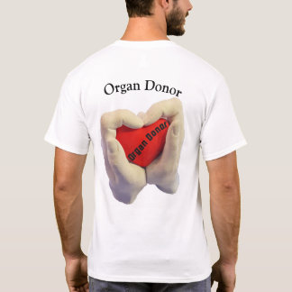 Adult woman and men hand hold a red heart, health t shirt