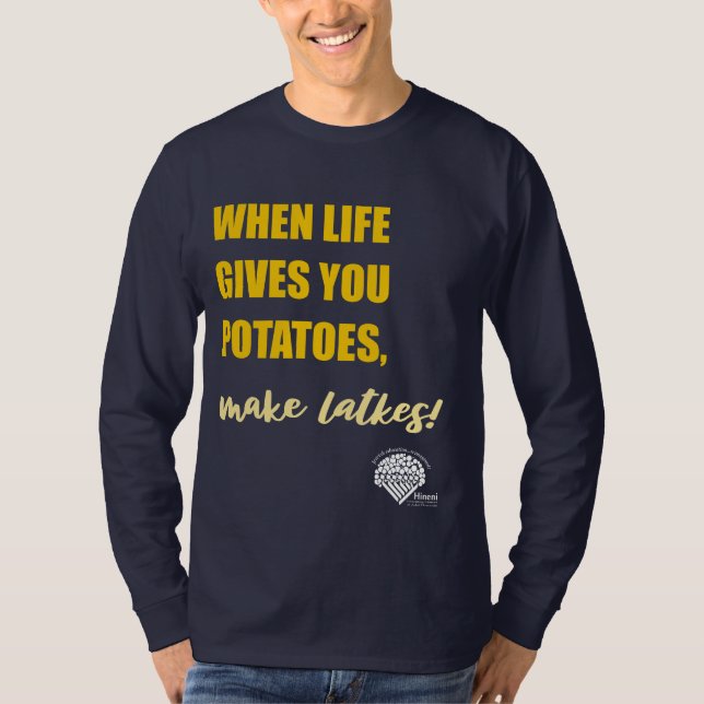 Adults' Long-Sleeve Hanukkah Shirt - "Make latkes" T (Framsida)
