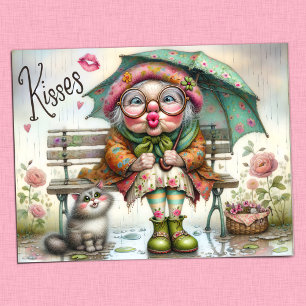 Aduly Granny och Cat Sharing Sweet Kisses Vykort