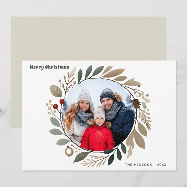 Adventskrans blad Glad jul Familjefoto Julkort (Fram/baksida)