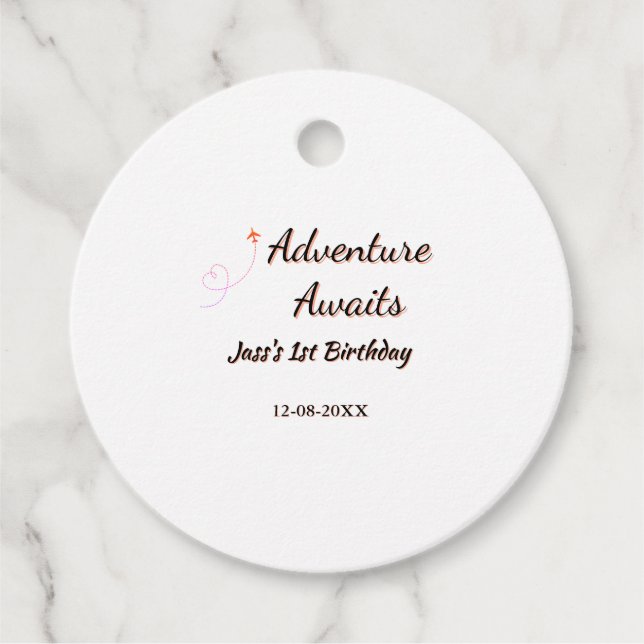 Adventure awaits 1st birthday name date planeretro gåvor etiketter (Framsida)