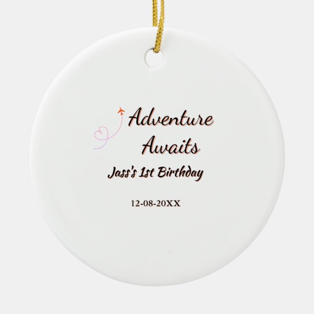 Adventure awaits 1st birthday name date planeretro julgransprydnad keramik (Framsidan)