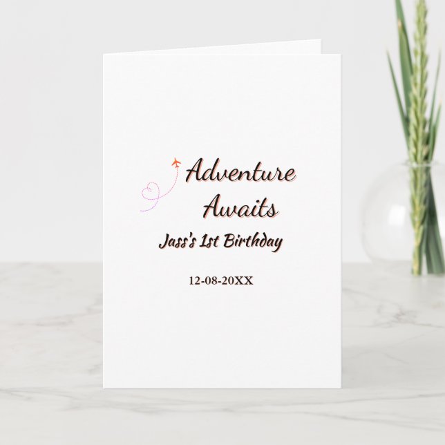 Adventure awaits 1st birthday name date planeretro kort (Framsida)