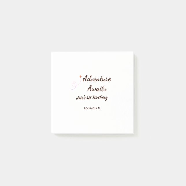 Adventure awaits 1st birthday name date planeretro post-it block (Framsida)