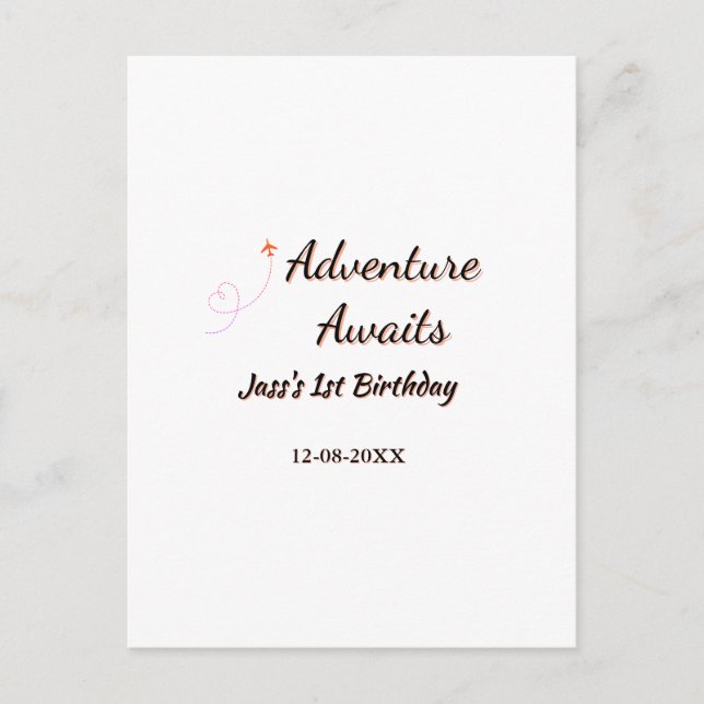 Adventure awaits 1st birthday name date planeretro vykort (Framsida)